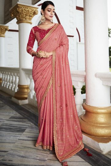 Pink Color Organza Fabric Saree With Embroidered Designer Blouse