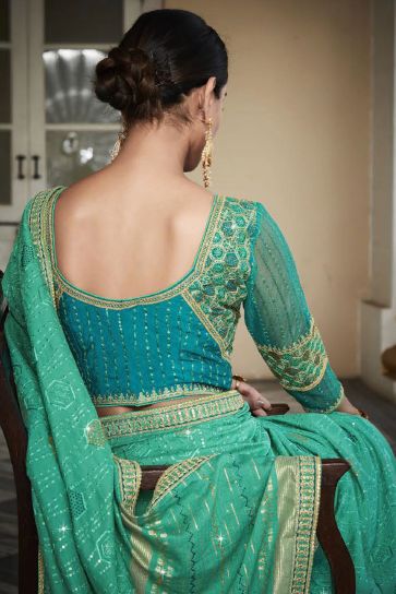 Sea Green Color Organza Fabric Saree With Embroidered Designer Blouse