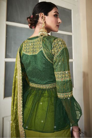 Green Color Organza Fabric Party Wear Saree With Embroidered Designer Blouse