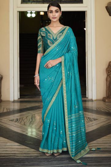 Cyan Color Organza Fabric Saree With Embroidered Designer Blouse