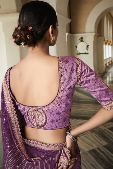 Purple Color Organza Fabric Saree With Embroidered Designer Blouse