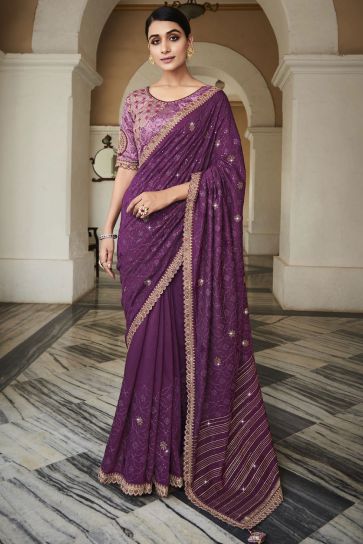 Purple Color Organza Fabric Saree With Embroidered Designer Blouse