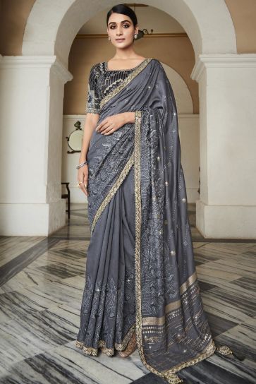 Grey Color Silk Fabric Fancy Saree With Embroidered Designer Blouse
