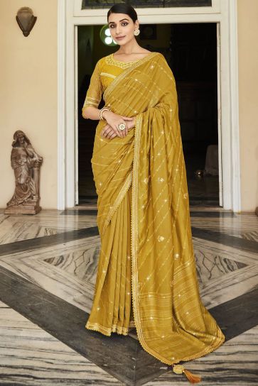 Festive Wear Mustard Color Silk Fabric Saree With Embroidered Designer Blouse