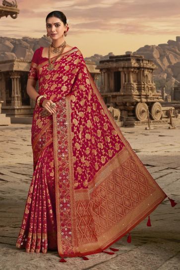 Charming Red Color Chiffon Fabric Saree With Border Work