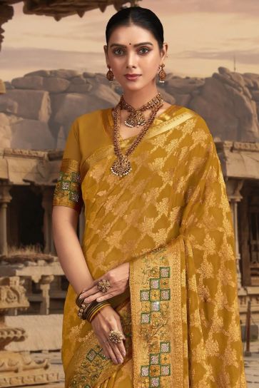 Excellent Chiffon Fabric Mustard Color Saree With Border Work 