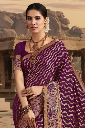 Tempting Chiffon Fabric Purple Color Saree With Border Work