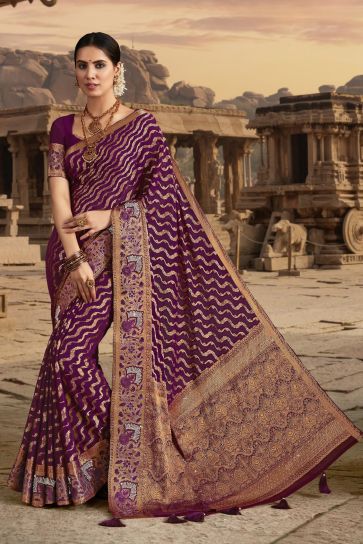 Tempting Chiffon Fabric Purple Color Saree With Border Work
