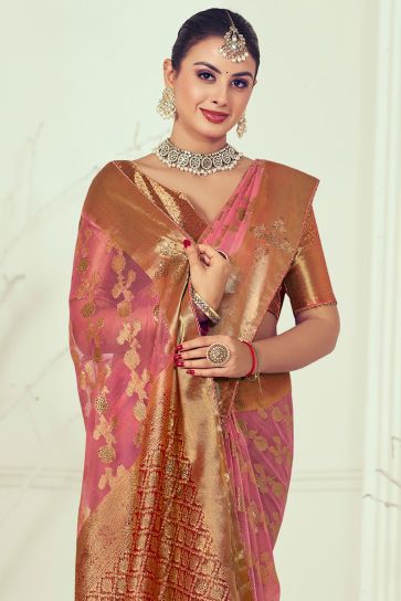 Pink Color Enthralling Weaving And Stone Work Saree In Organza Fabric