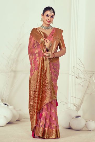 Pink Color Enthralling Weaving And Stone Work Saree In Organza Fabric