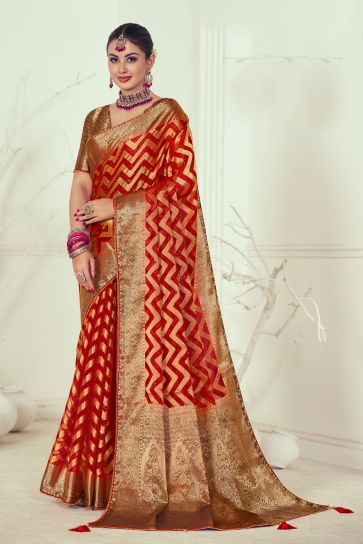 Organza Fabric Red Color Alluring Weaving And Stone Work Saree