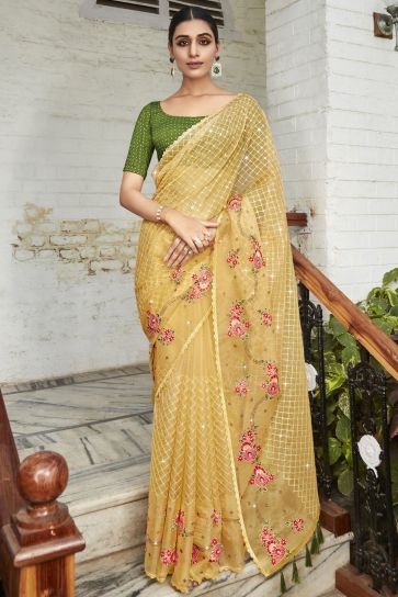 Embroidered And Stone Work Party Style Yellow Color Phenomenal Organza Saree
