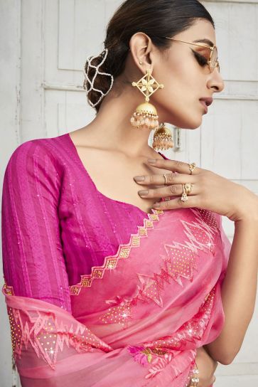 Pink Color Embroidered And Stone Work Party Style Miraculous Organza Saree