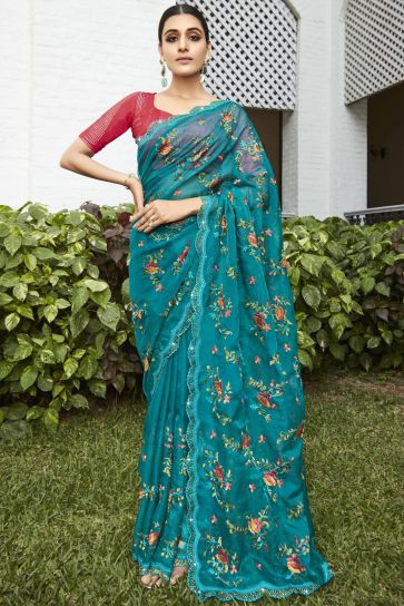 Embroidered And Stone Work Party Style Vivacious Organza Saree In Teal Color