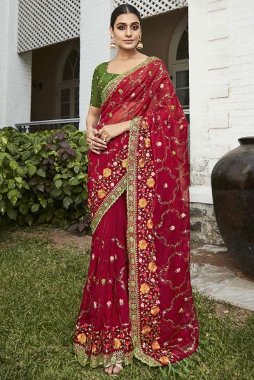 Embroidered And Stone Work Party Style Mesmeric Organza Saree In Red Color