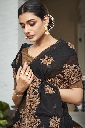 Embroidered And Stone Work Party Style Wondrous Organza Saree In Black Color