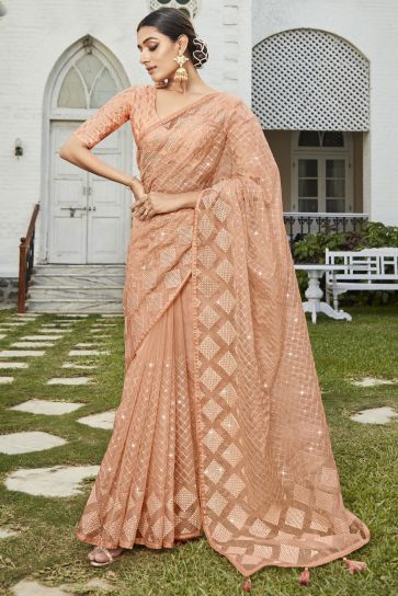 Peach Color Embroidered And Stone Work Party Style Adroit Organza Saree