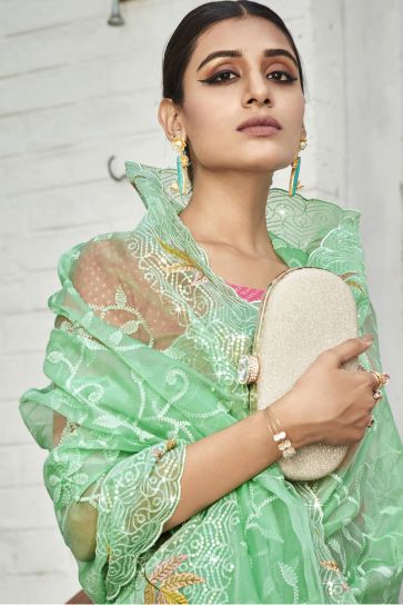 Embroidered And Stone Work Party Style Vintage Organza Saree In Sea Green Color