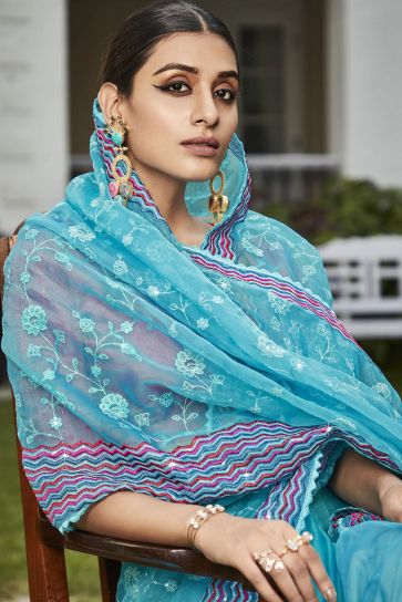 Cyan Color Party Style Embroidered And Stone Work Charismatic Organza Saree