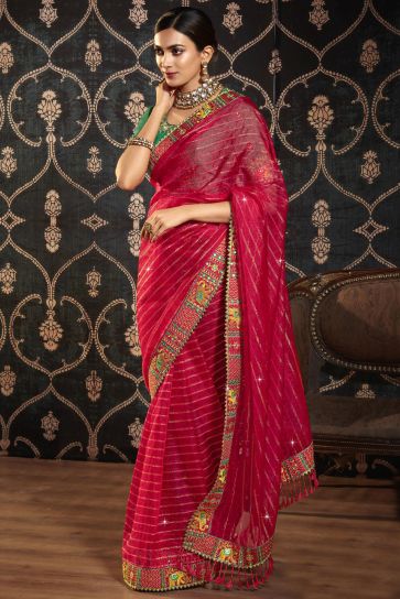 Excellent Organza Fabric Red Color Saree With Border Work