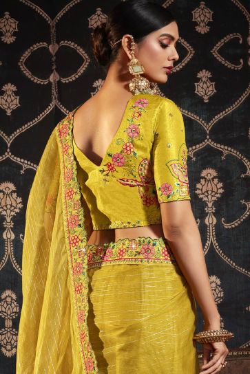 Tempting Organza Fabric Yellow Color Saree With Border Work