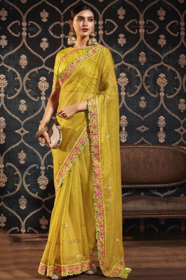 Tempting Organza Fabric Yellow Color Saree With Border Work