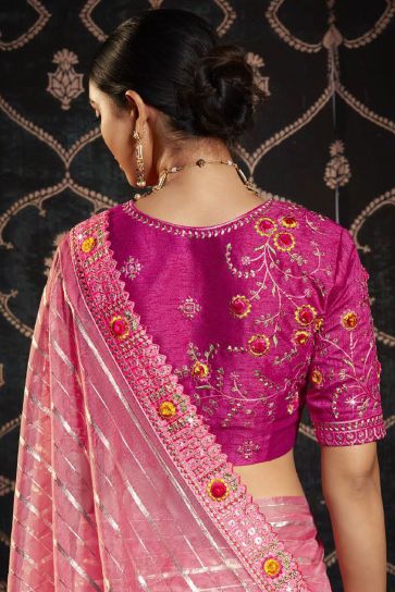 Engaging Pink Color Organza Fabric Saree With Border Work