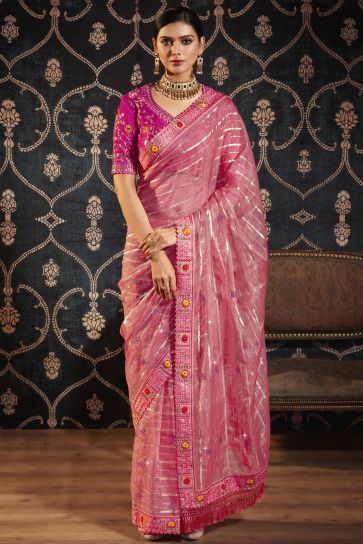Engaging Pink Color Organza Fabric Saree With Border Work
