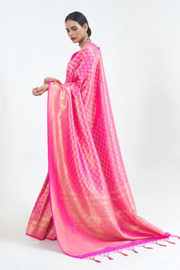 Radiant Pink Color Pure Weaving Silk Saree With Handloom Pallu