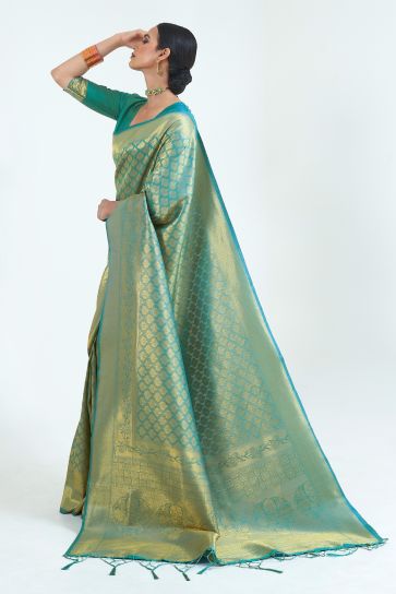 Beguiling Sea Green Color Pure Weaving Silk Saree With Handloom Pallu