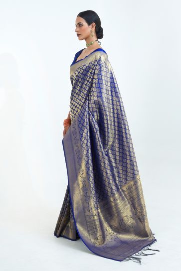 Incredible Blue Color Pure Weaving Silk Saree With Handloom Pallu