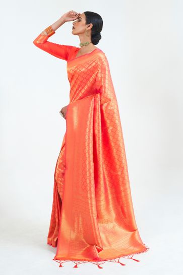 Tempting Orange Color Pure Weaving Silk Saree With Handloom Pallu