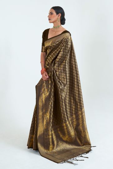Engaging Brown Color Pure Weaving Silk Saree With Handloom Pallu