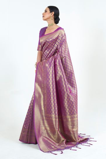 Cavern Violet Pure Weaving Silk Saree With Handloom Pallu