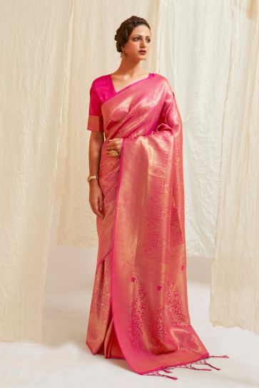 Soothing Pink Color Handloom Zari Weaving Silk Saree With Kanjivaram Blouse