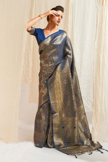Delicate Blue Color Handloom Zari Weaving Silk Saree With Kanjivaram Blouse