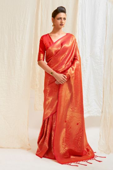 Blazing Red Color Handloom Zari Weaving Silk Saree With Kanjivaram Blouse