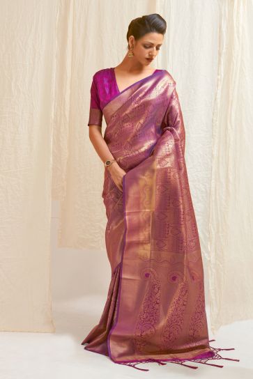 Purple Color Glamorous Handloom Zari Weaving Silk Saree With Kanjivaram Blouse