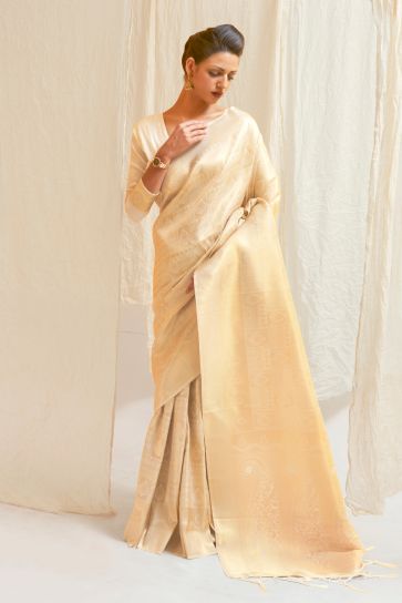 Attractive Handloom Zari Weaving Silk Saree In Beige Color With Kanjivaram Blouse