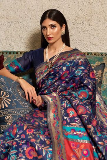 Blazing Blue Color Kashmiri Modal Handloom Weaving Silk Saree