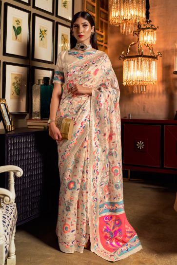 Alluring Beige Color Kashmiri Modal Handloom Weaving Silk Saree