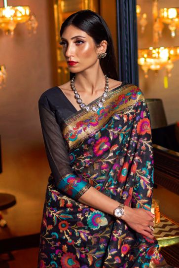 Sanguine Black Color Kashmiri Modal Handloom Weaving Silk Saree