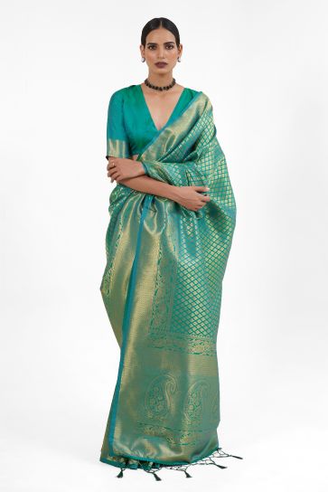 Tempting Silk Sea Green Color Handloom Weaving Saree