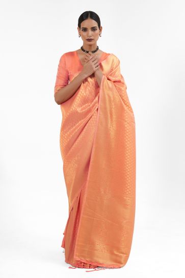 Engaging Peach Color Silk Handloom Weaving Saree