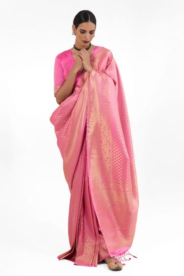 Soft Pink Color Handloom Weaving Silk Saree