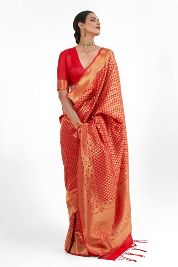 Blazing Red Color Handloom Weaving Silk Saree