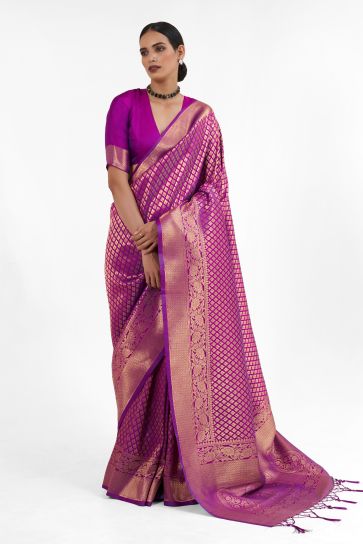 Imperial Purple Color Silk Saree With Handloom Weaving Work