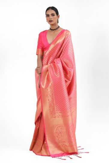 Dazzling Pink Color Handloom Weaving Saree In Silk Fabric
