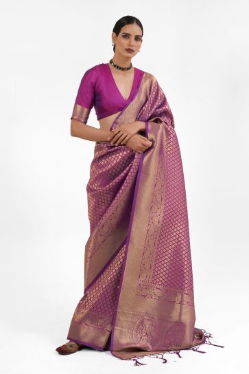 Creative Handloom Weaving Saree In Purple Color Silk Fabric
