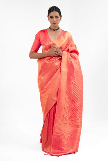 Marvelous Silk Handloom Weaving Saree In Pink Color
